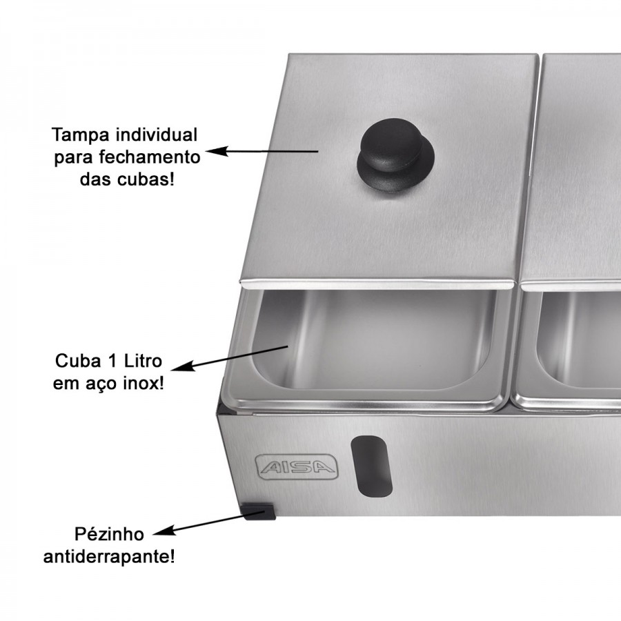 Condimentadora Pizzarola Inox 4 Cubas Inox Tampa Individual - Aisa